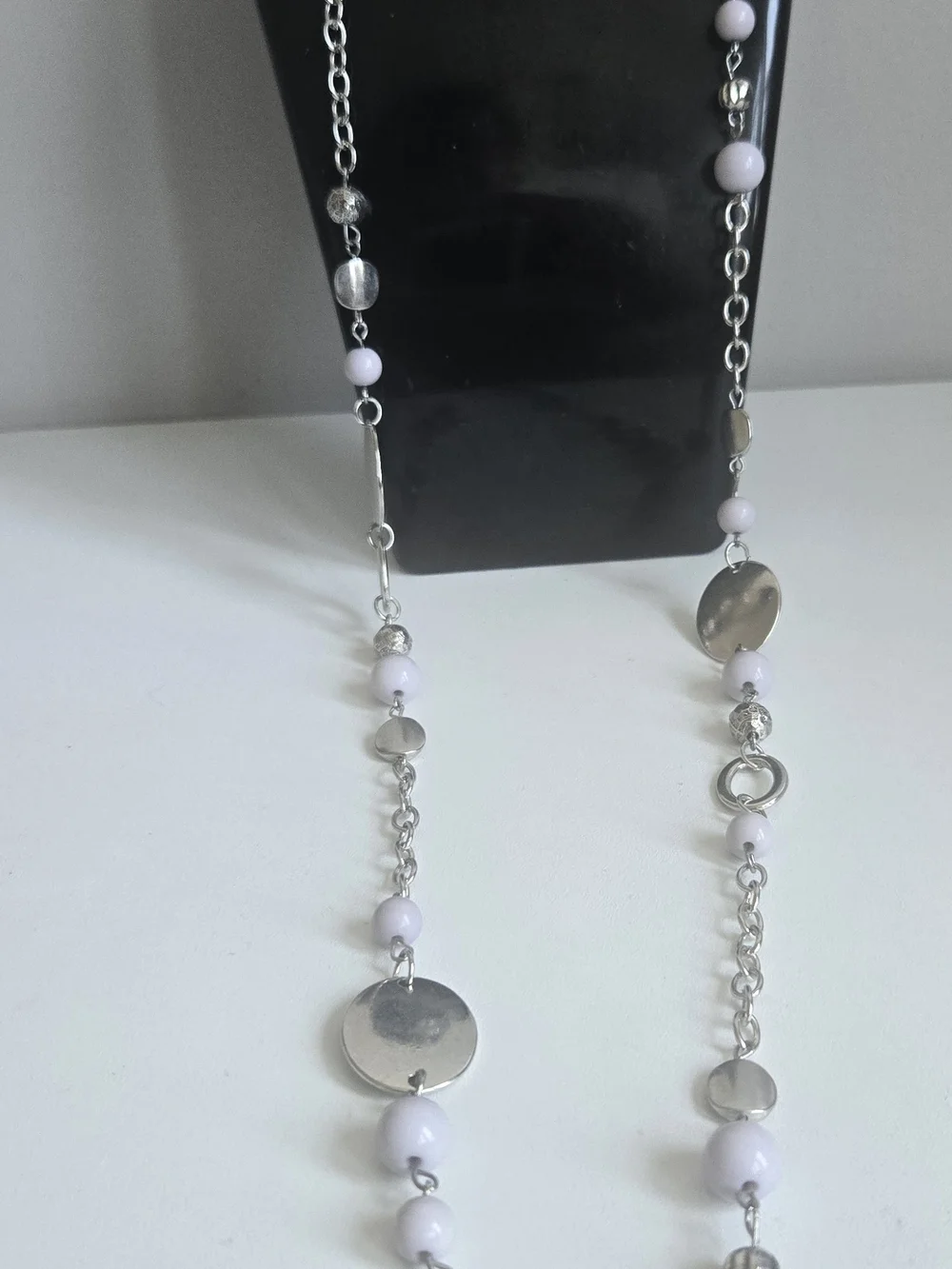 Silver and White Bead Necklace with Matching Earrings